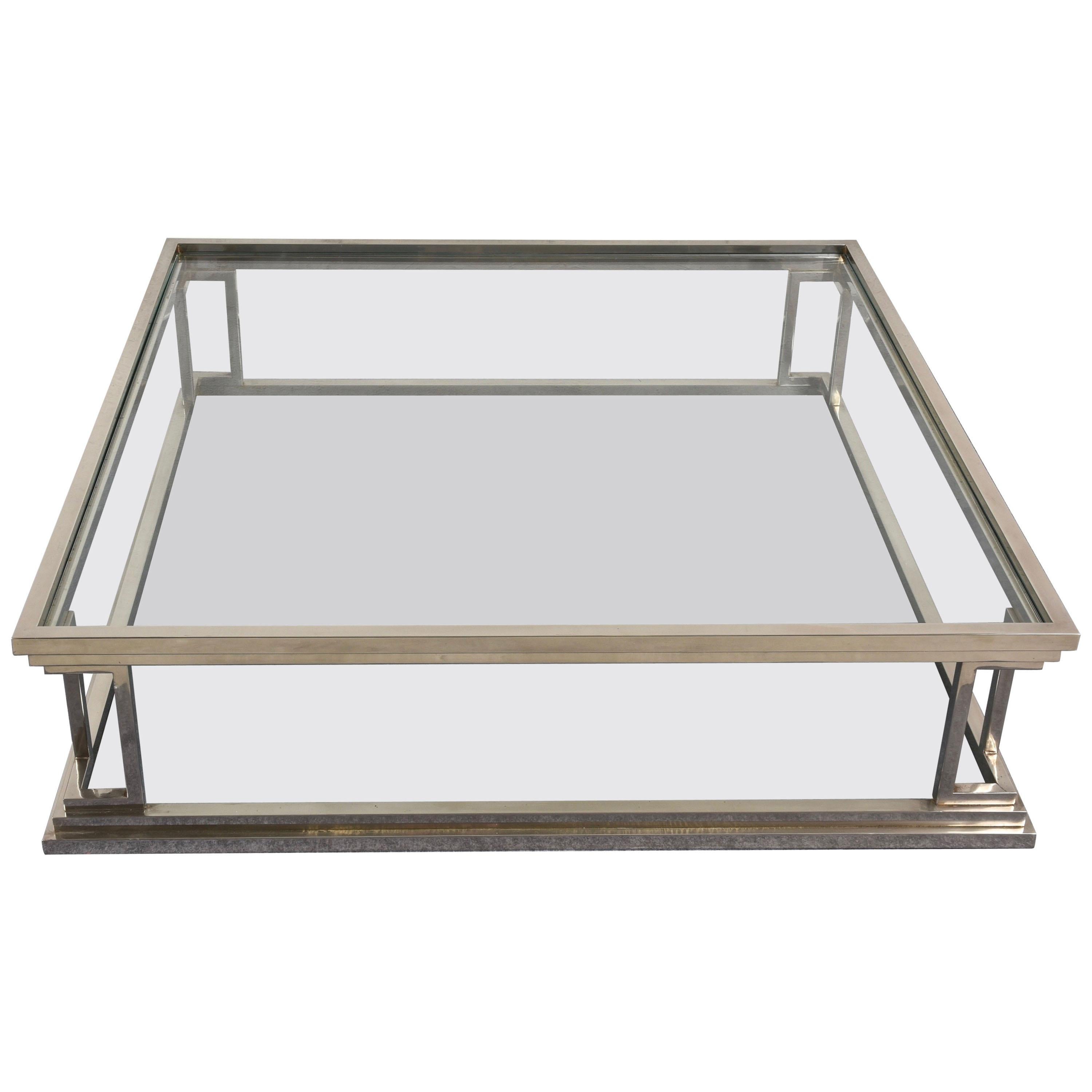 Square Stainless Steel Coffee Table with 2 Levels in Glass, Rega, Italy 1970s