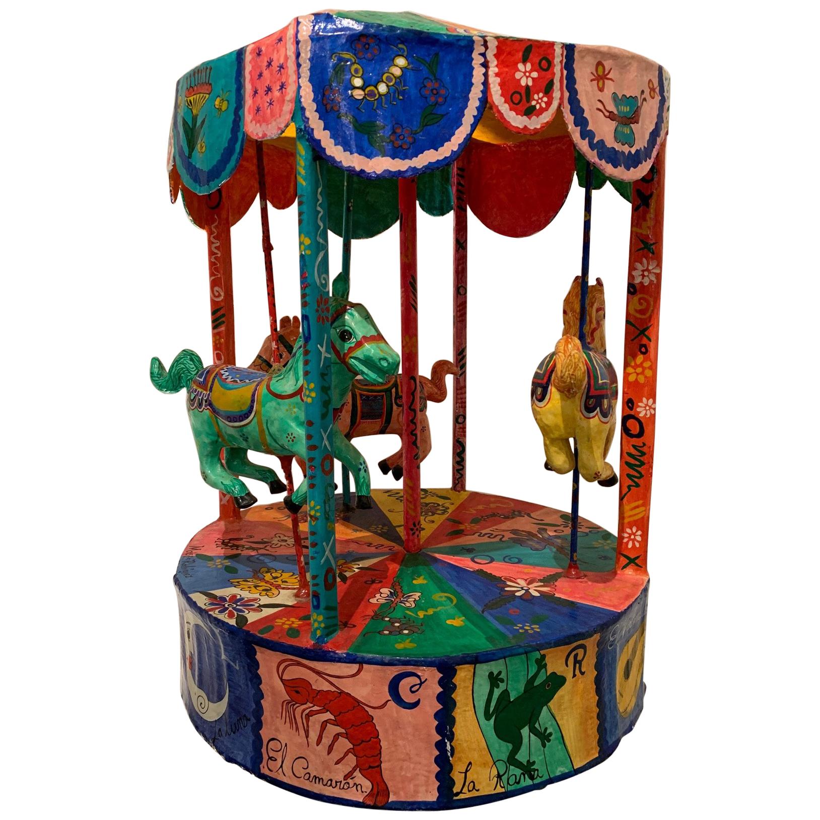 Monumental Vintage Mexican Folk Art Carousel Sculpture For Sale