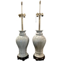 Pair of Marbro Celadon Basket Weave Porcelain Lamps