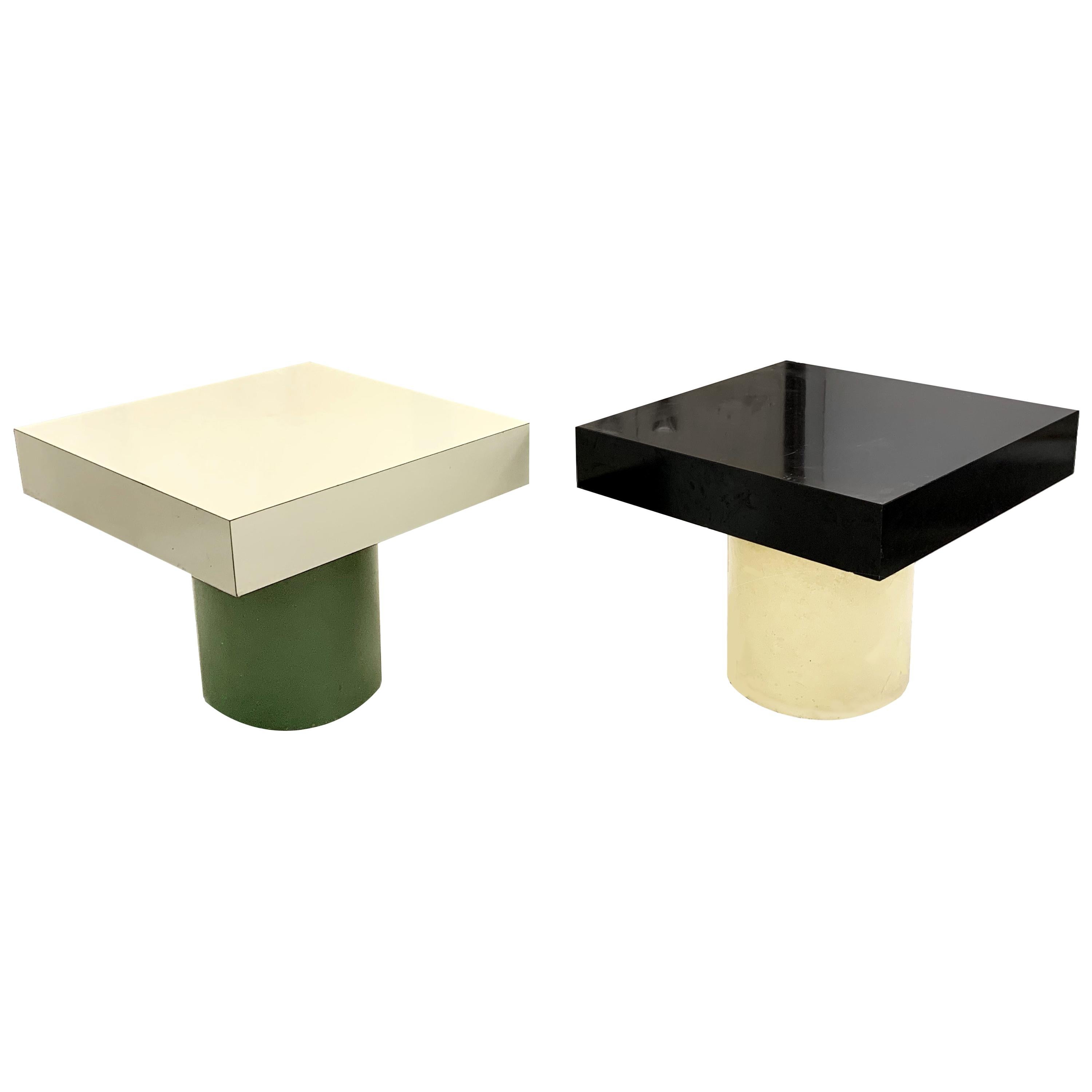 Pair of Side Tables in Black and White Formica, Round Base, 1970s Italy Laminate
