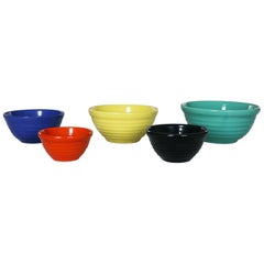 Retro Set of Five Bauer Multi-Color Ringware Nesting Mixing Bowls