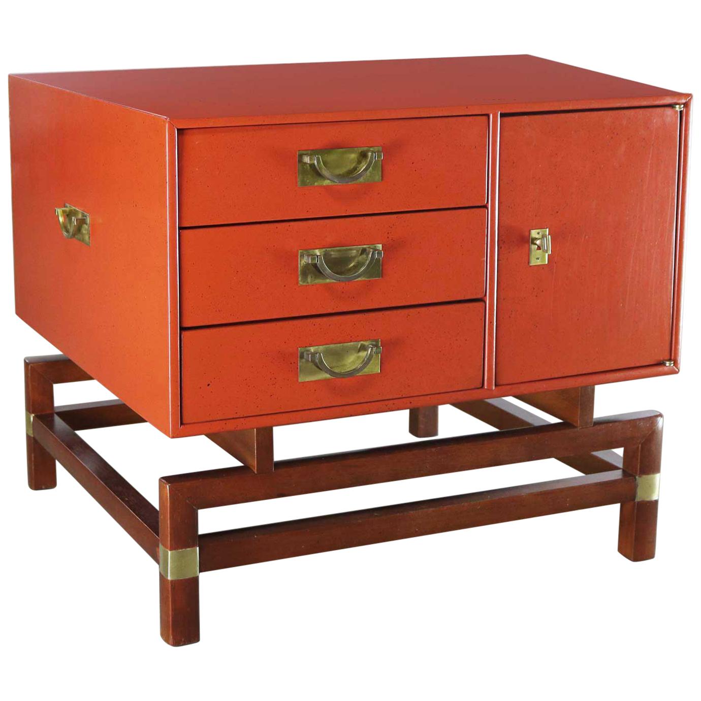 Vintage Red Campaign Style End Table Drawers and Door & Brass Detail by Hickory