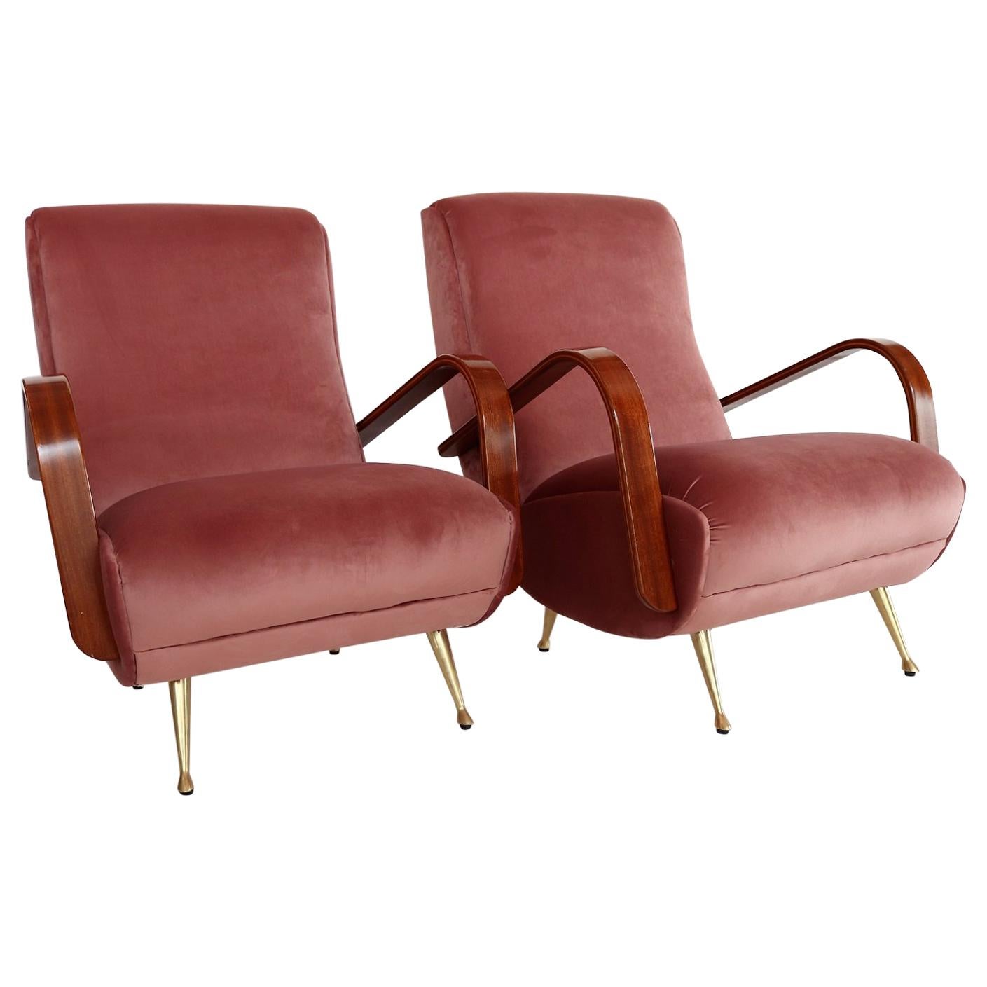 Italian Midcentury Armchairs in Mahogany, Brass and Coral Red Velvet, 1950s