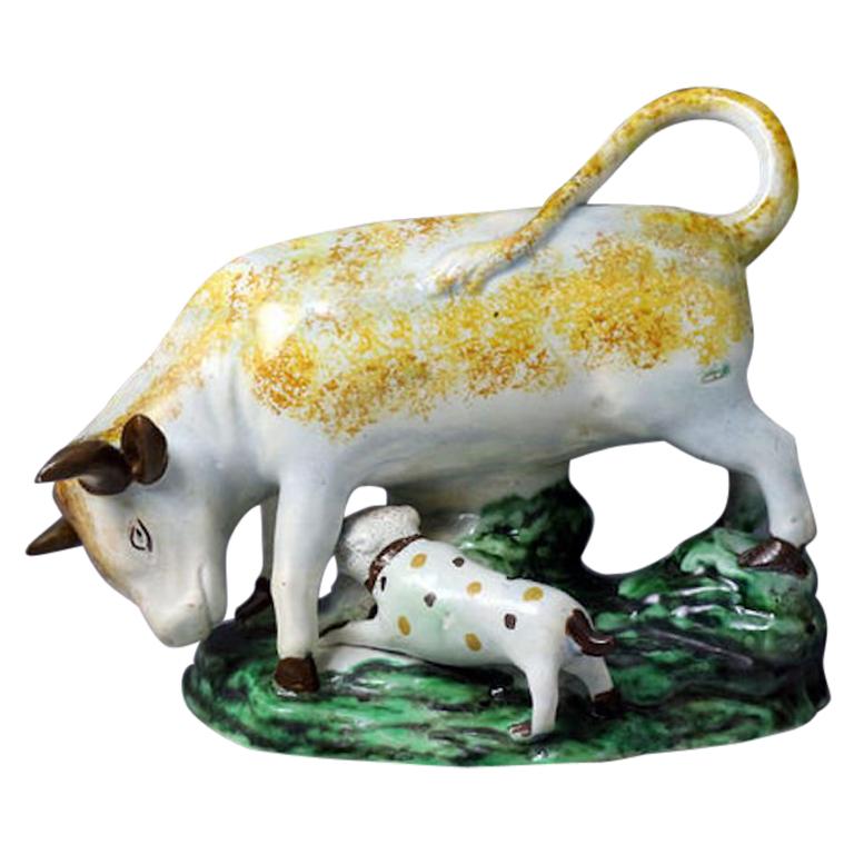 Staffordshire Pearlware Figure of a Bull and Bull Terrier on Green Base For Sale