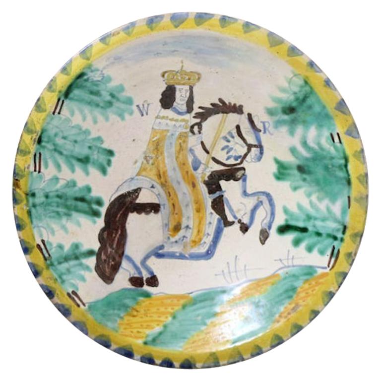 English Pottery Blue Dash Charger with King William on Horseback 17th Century For Sale