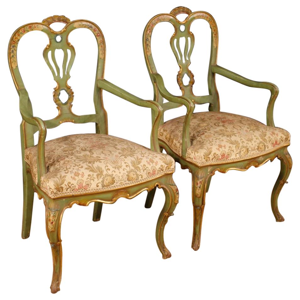 20th Century Lacquered, Gilt, Painted Wood Venetian Pair of Armchairs, 1960