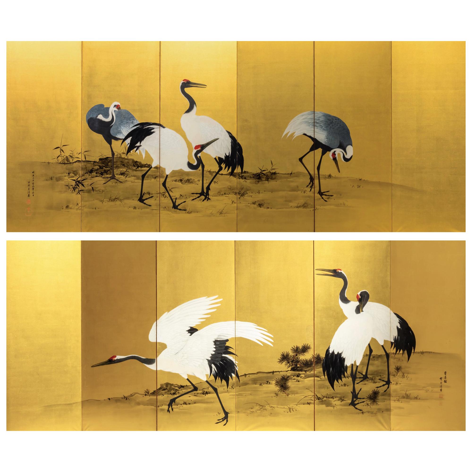 Meiji Period Painted Golden Screen with Cranes by Mochizuki Gyokkei from 1906 For Sale