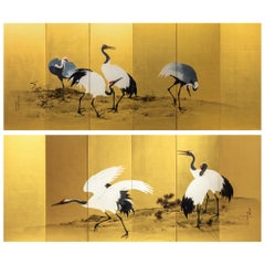 Antique Meiji Period Painted Golden Screen with Cranes by Mochizuki Gyokkei from 1906