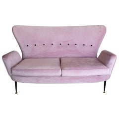 Italian Midcentury Sofa or Settee with Brass and Lilac Pink Velvet, 1950s