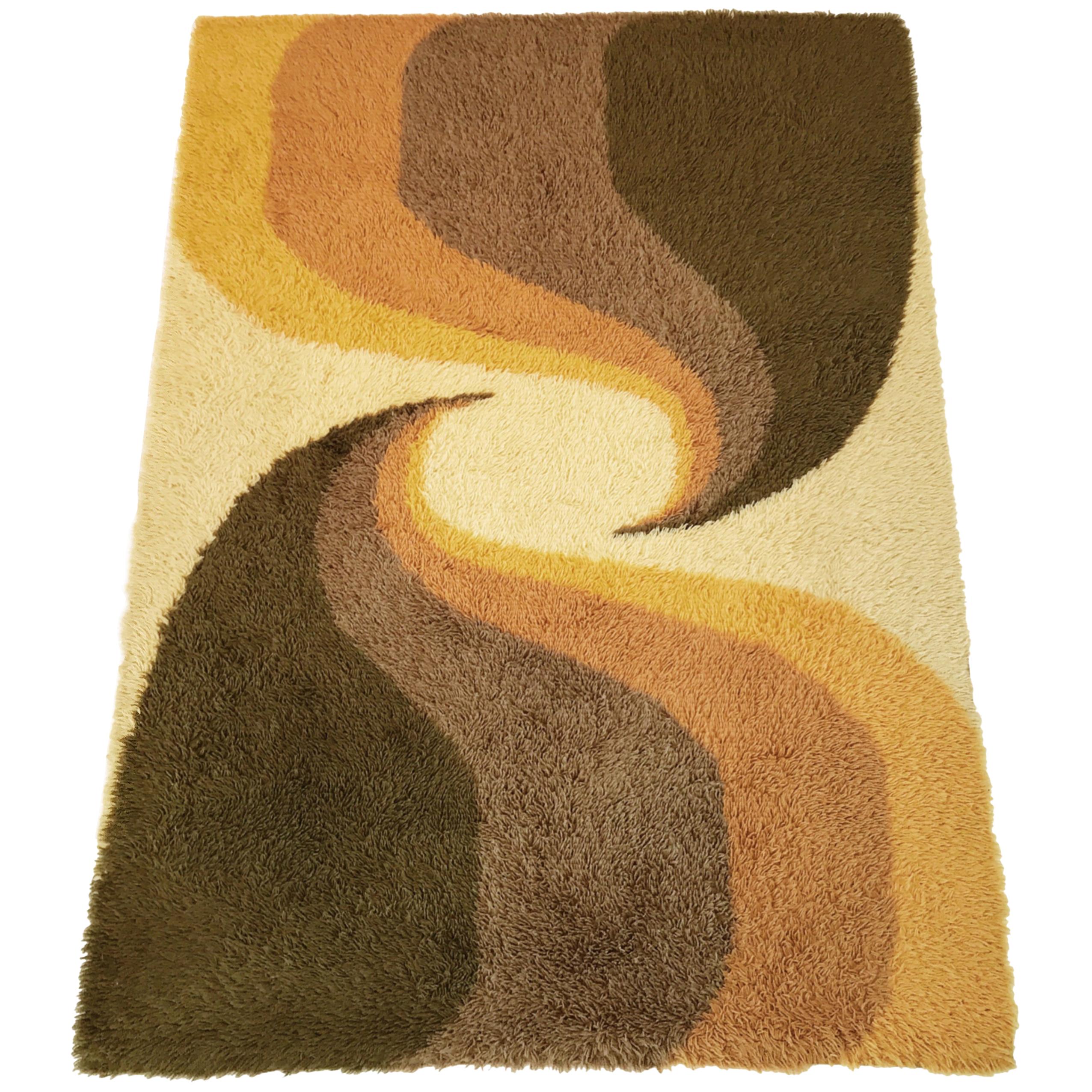 Danish Green and Yellow Geometric Ege Rya Wool Shag Rug, 1960s