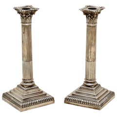 Pair of Antique Edwardian Solid Silver Corinthian Column Candlesticks
