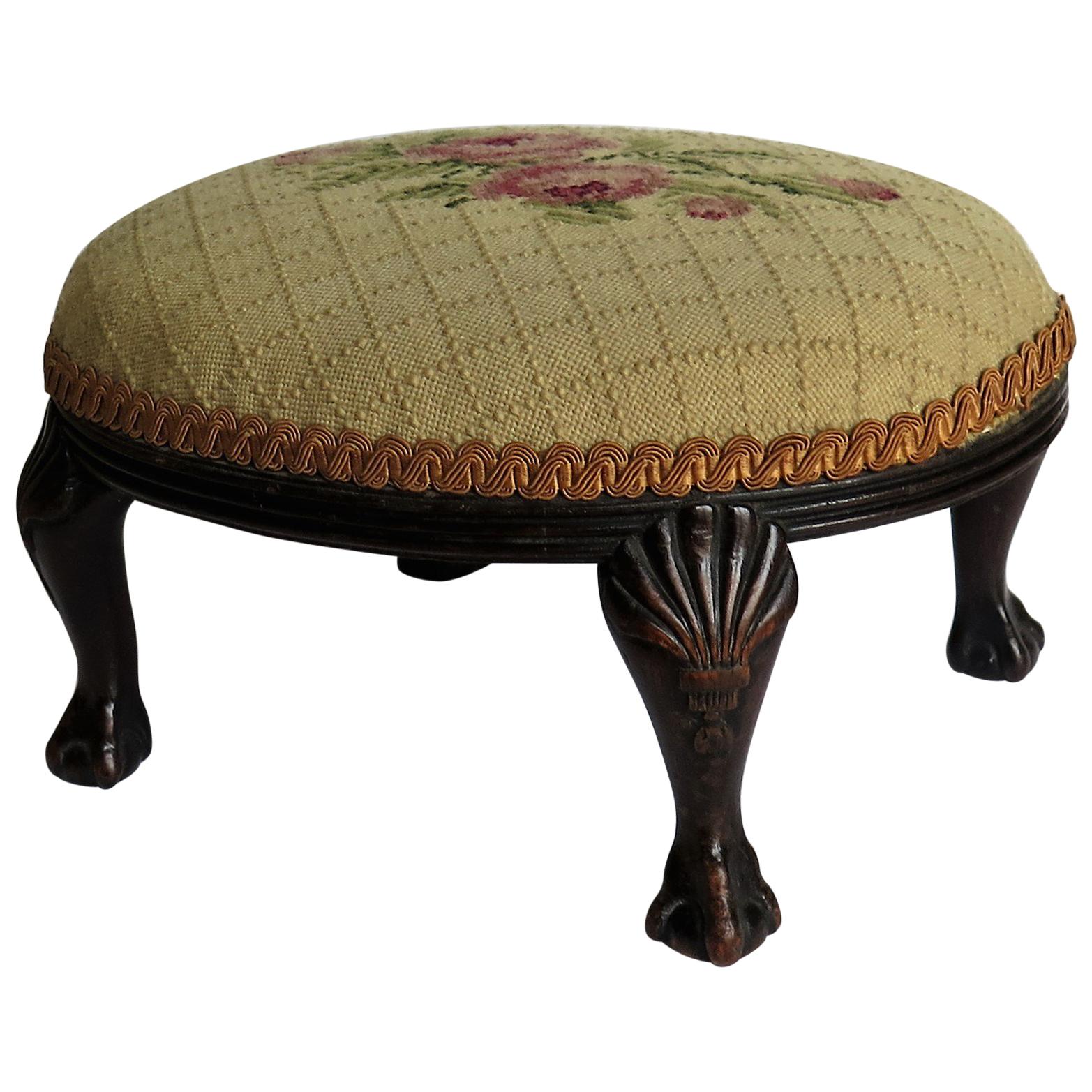 Late Georgian Footstool Carved Shell Ball and Claw Legs Needlework Top, Ca. 1820