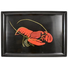 Vintage Mid-Century Modern Era Couroc Red Lobster Wood & Brass Inlay Phenolic Resin Tray