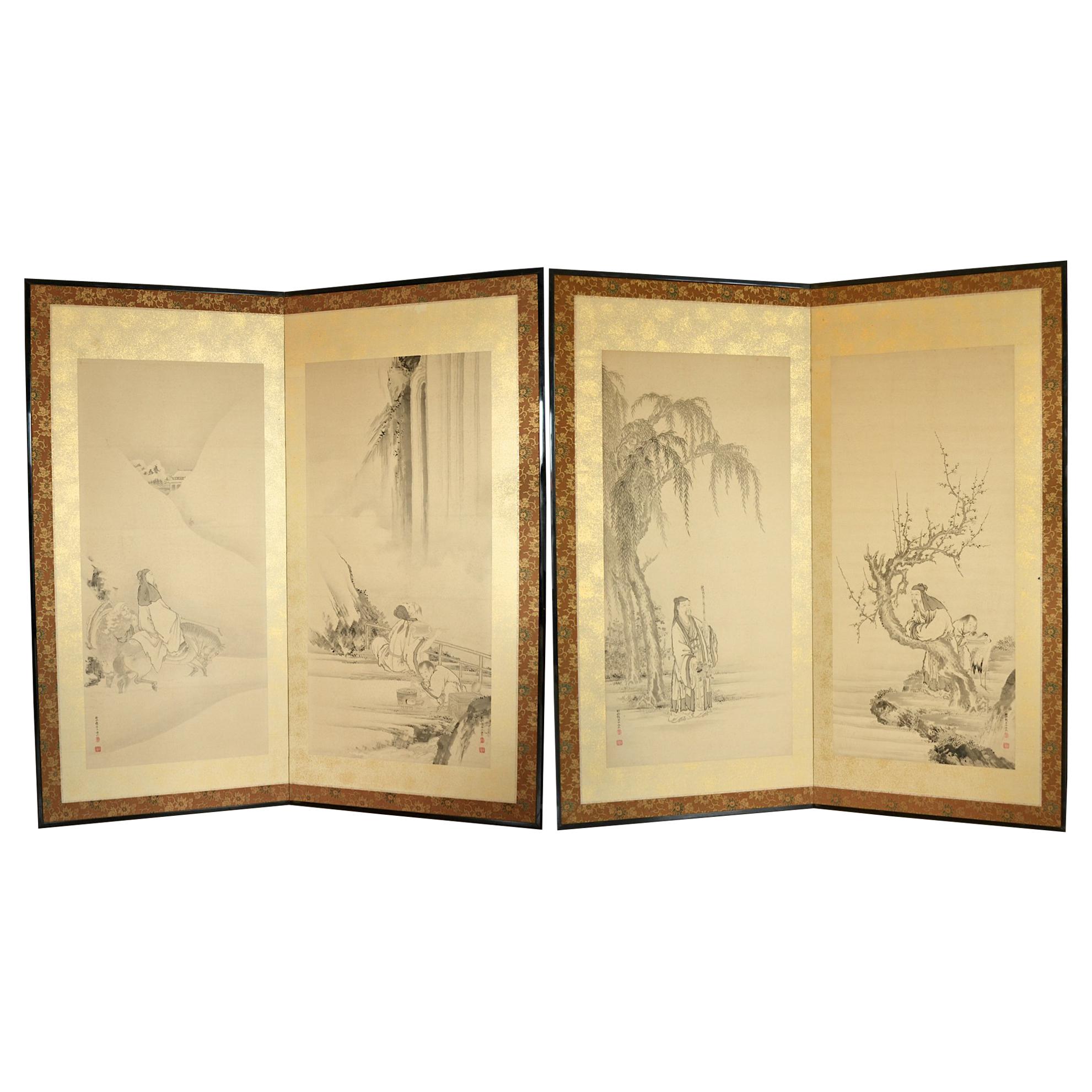 19th Century Japanese Ink Painted Screens with Chinese Poets by Kano Eigaku For Sale
