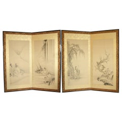 Antique 19th Century Japanese Ink Painted Screens with Chinese Poets by Kano Eigaku