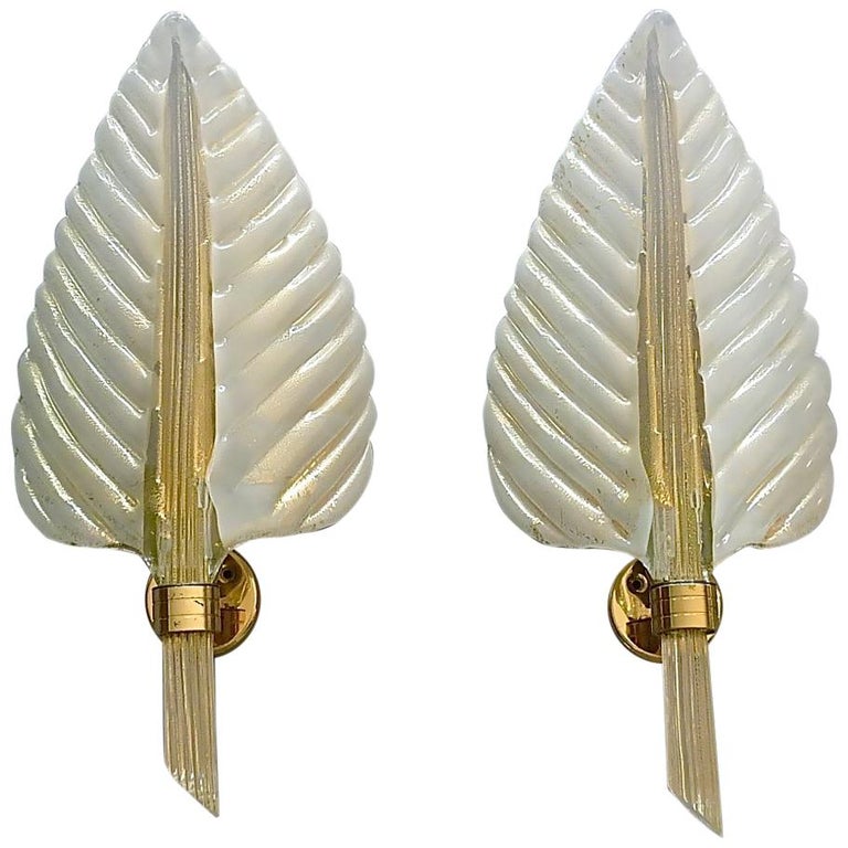 Signed Large Pair Barovier Leaf Sconces Gilt Brass Murano Glass Ivory White Gold For Sale