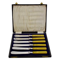 Antique Sheffield English Celluloid Mustard Yellow Tea Spreaders Flatware, Cased S/6