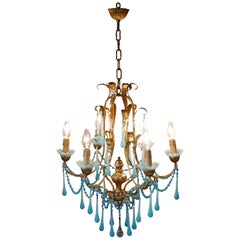 French Giltwood and Toleware Turquoise Opaline Glass 6 Branch Chandelier