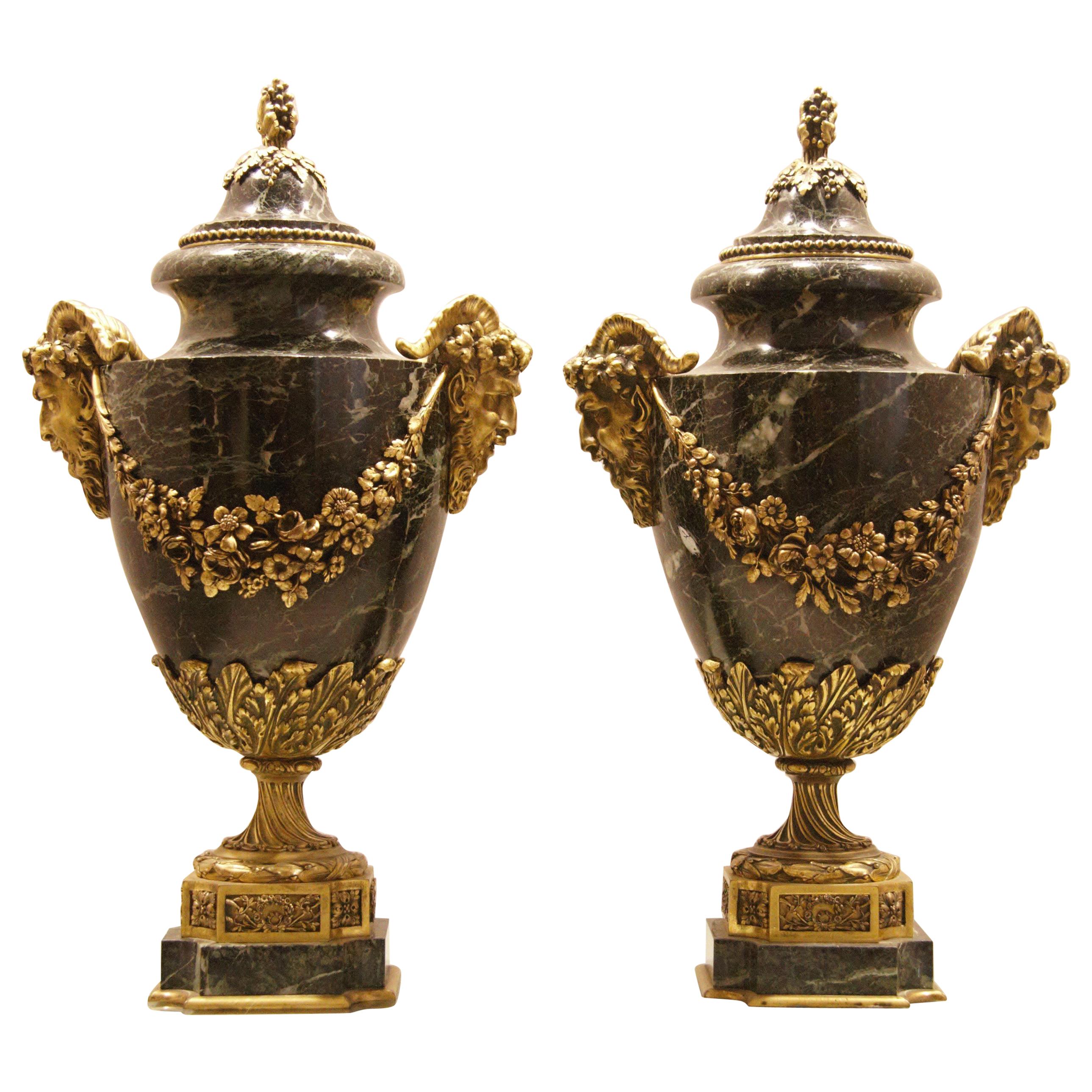 Two Louis XVI Style Green Marble and Gilt Bronze Vases For Sale