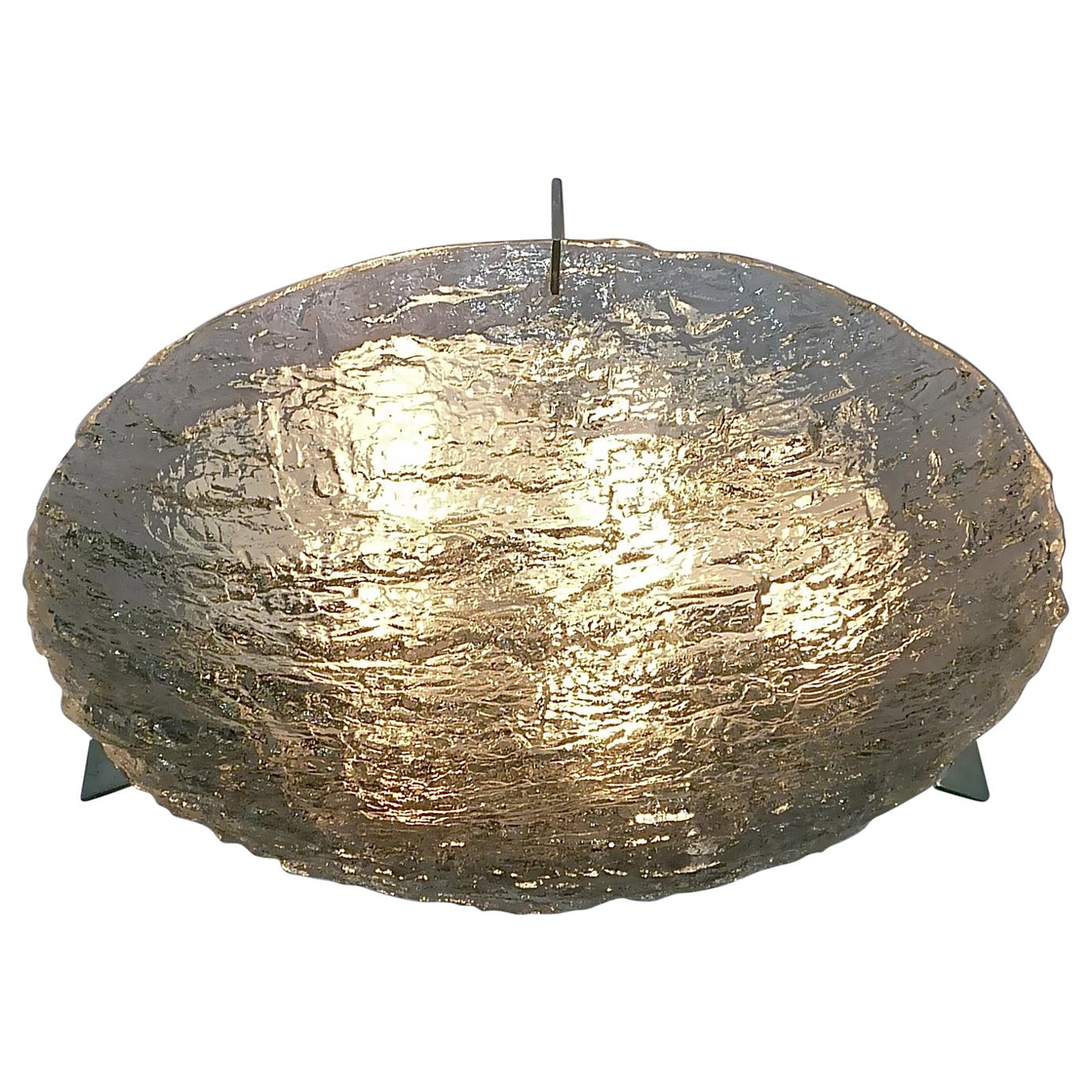 Große, signierte, runde Kaiser-Murano-Eisglas-Einbauleuchte, versilbert, Messing