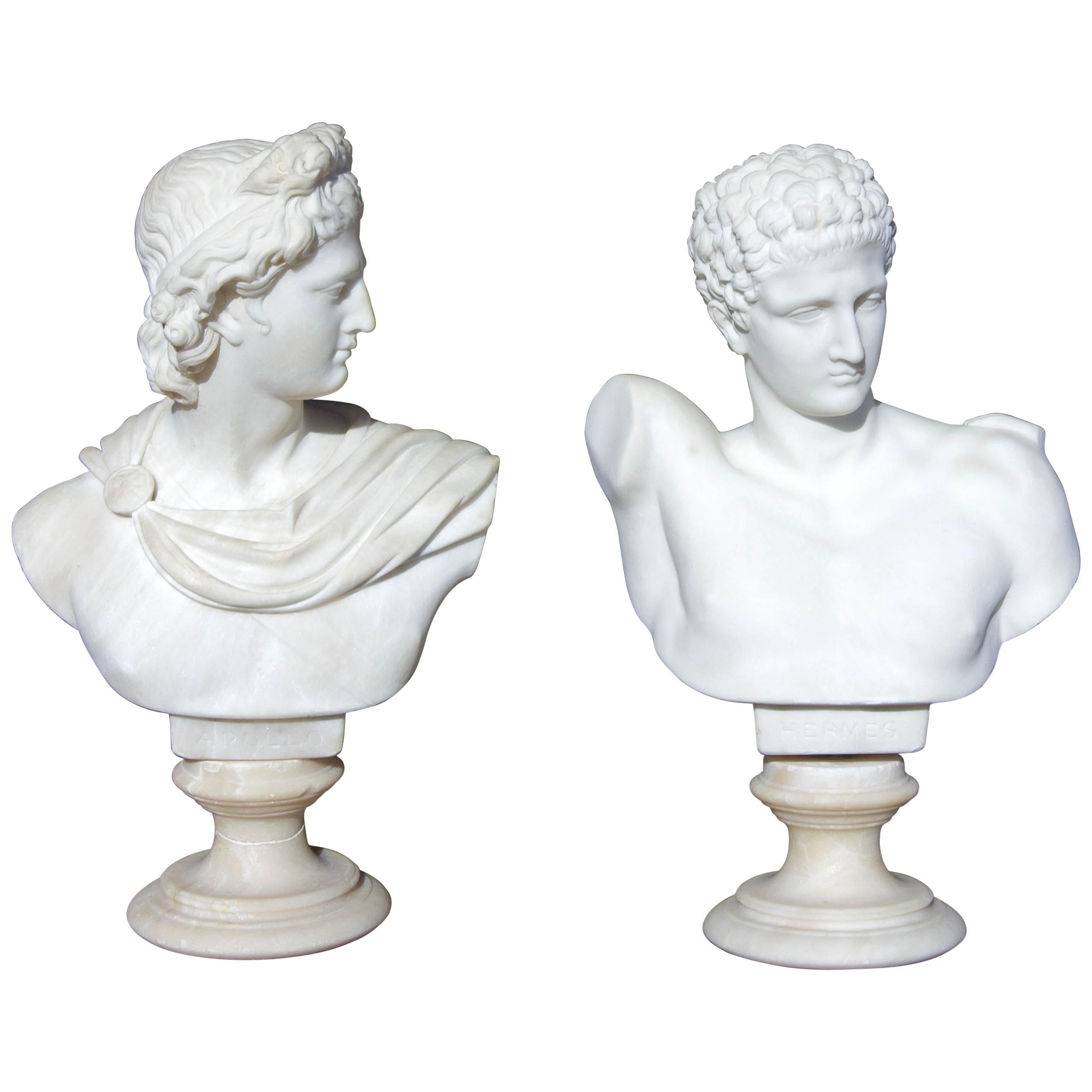 Hermes and Apollo a Pair of 19th Century Marble Busts