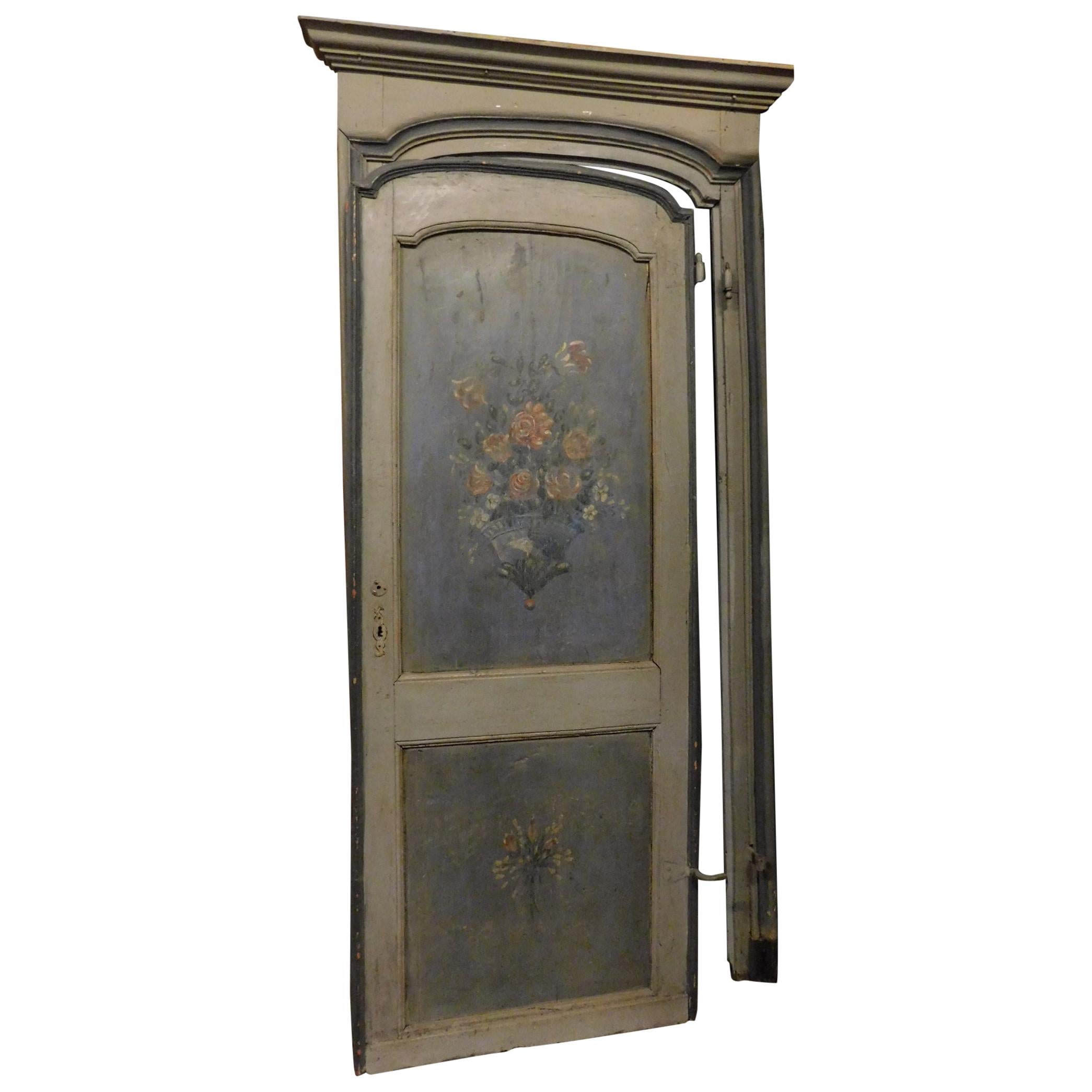 19th Century Antique Wood Lacquered Blue Door with Frame, Elegant For Sale