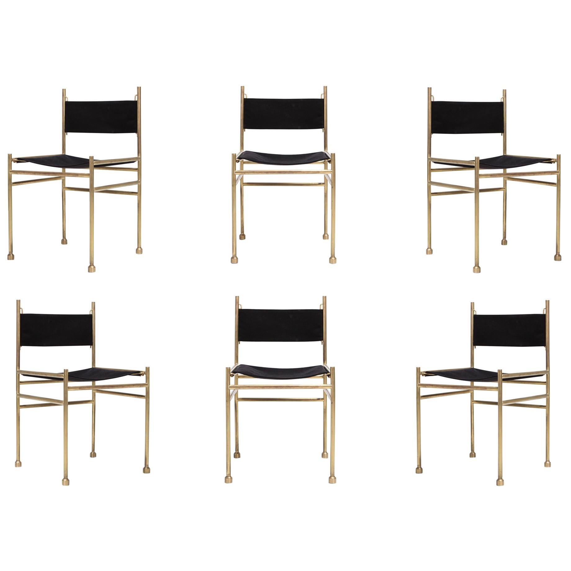Brass and Black Velvet Dining Chairs by Luciano Frigerio