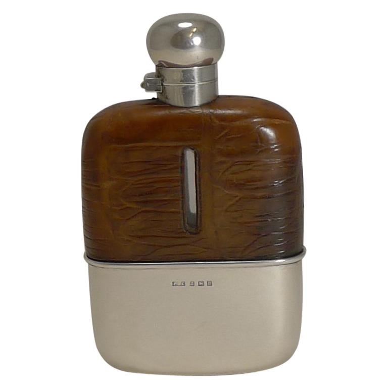 English Sterling Silver and Crocodile Skin Hip Flask, 1929