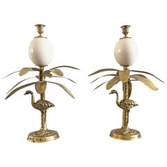 Pair of Brass Faux Ostrich Egg, Ostrich, and Palm Tree Candlestick Holders