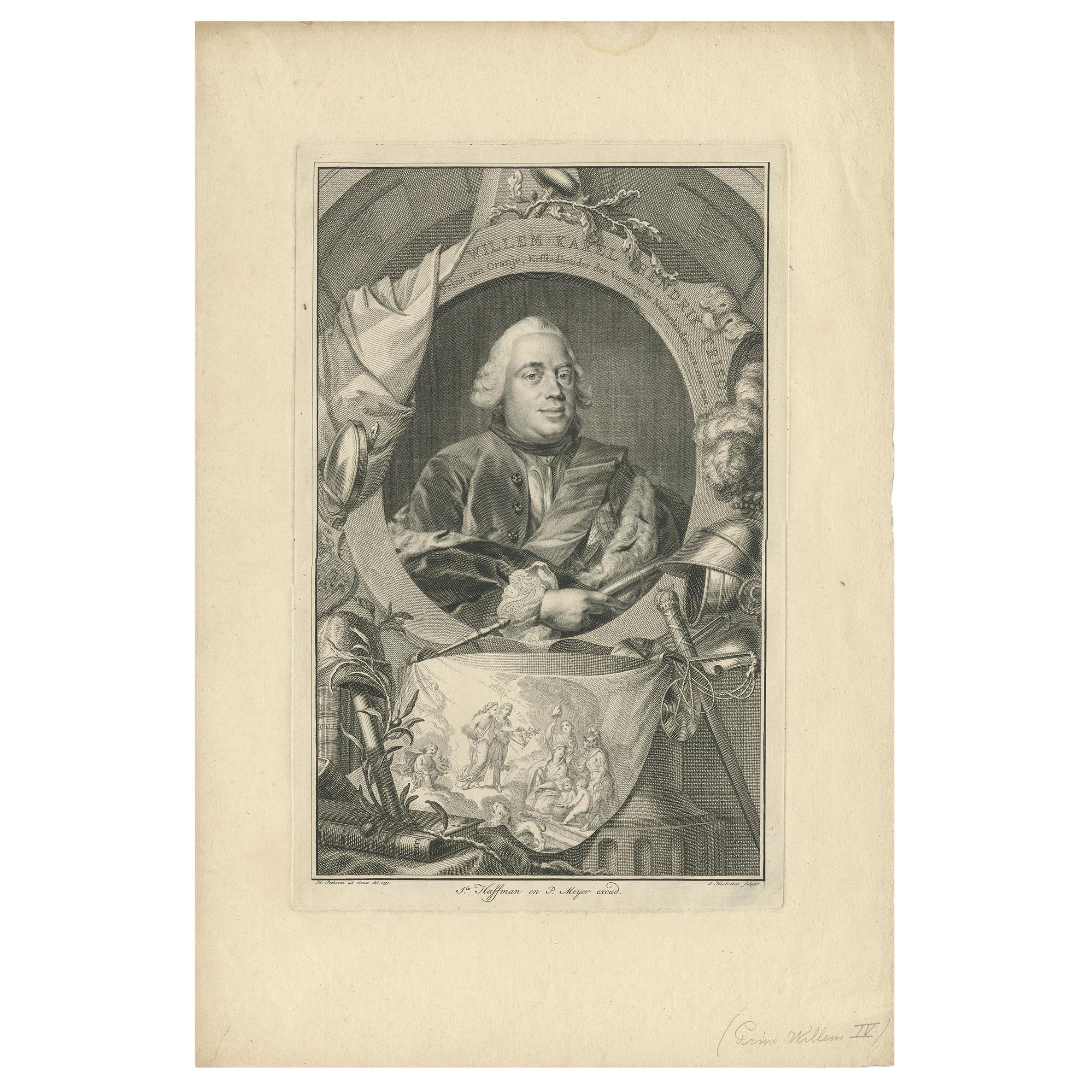 Antique Portrait of William Charles Henry Friso of Orange by Houbraken '1751' For Sale