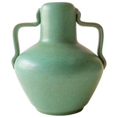 Ewald Dahlskog for Bo Fajans, Swedish Speckled Green Glaze Vase with Handles