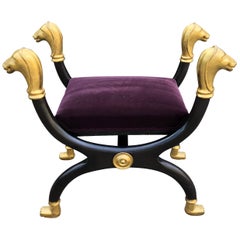 Egyptian Revival Style Black & Gold Bench with Lion Heads and Purple Mohair Seat