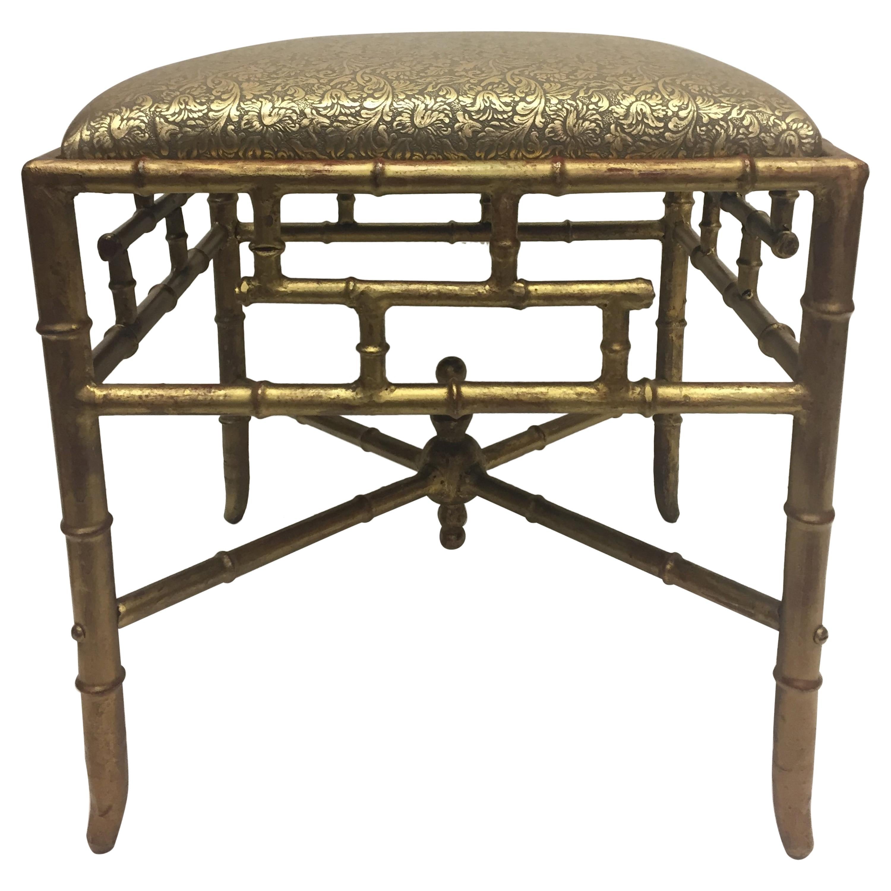 Glamorous Gilt Iron Faux Bamboo Ottoman Bench with Sexy Embossed Leather Top