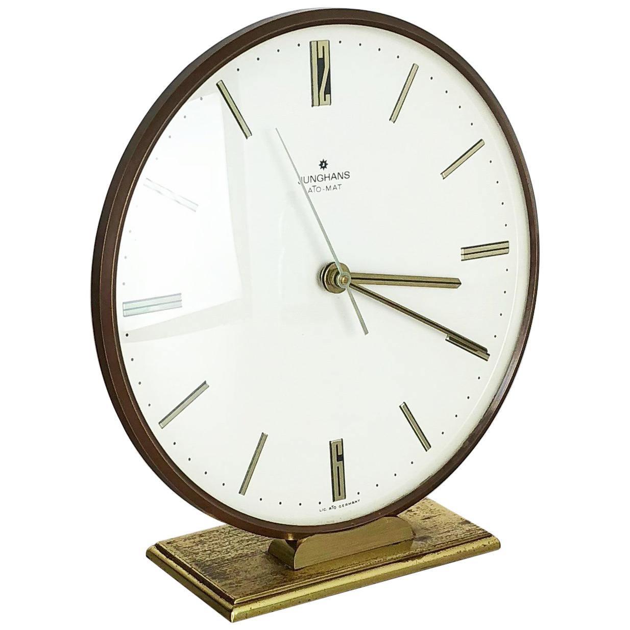 Vintage 1960s Modernist Brass Metal Ato, Mat Table Clock by Junghans, Germany