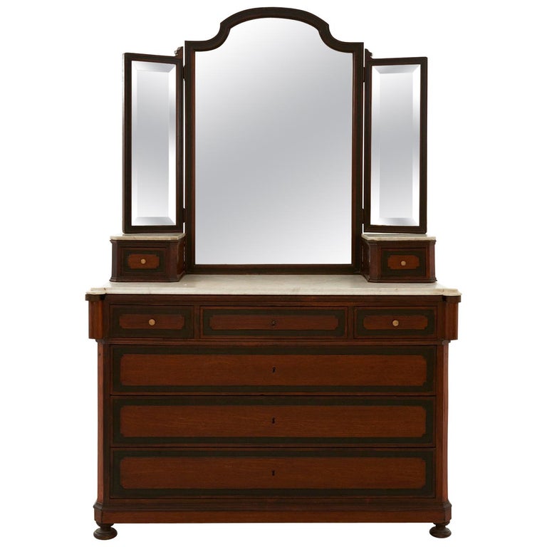 Late 19th Century MarbleTop TriFold Mirror Commode Dressing Table at