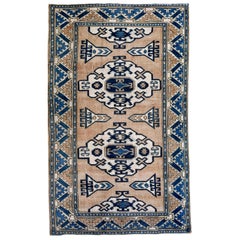 Blue, Brown and Beige Handmade Wool Turkish Old Anatolian Konya Distressed Rug