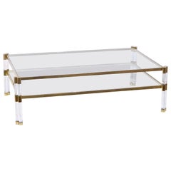Large English Rectangular Low Glass Coffee Table of Lucite and Brass