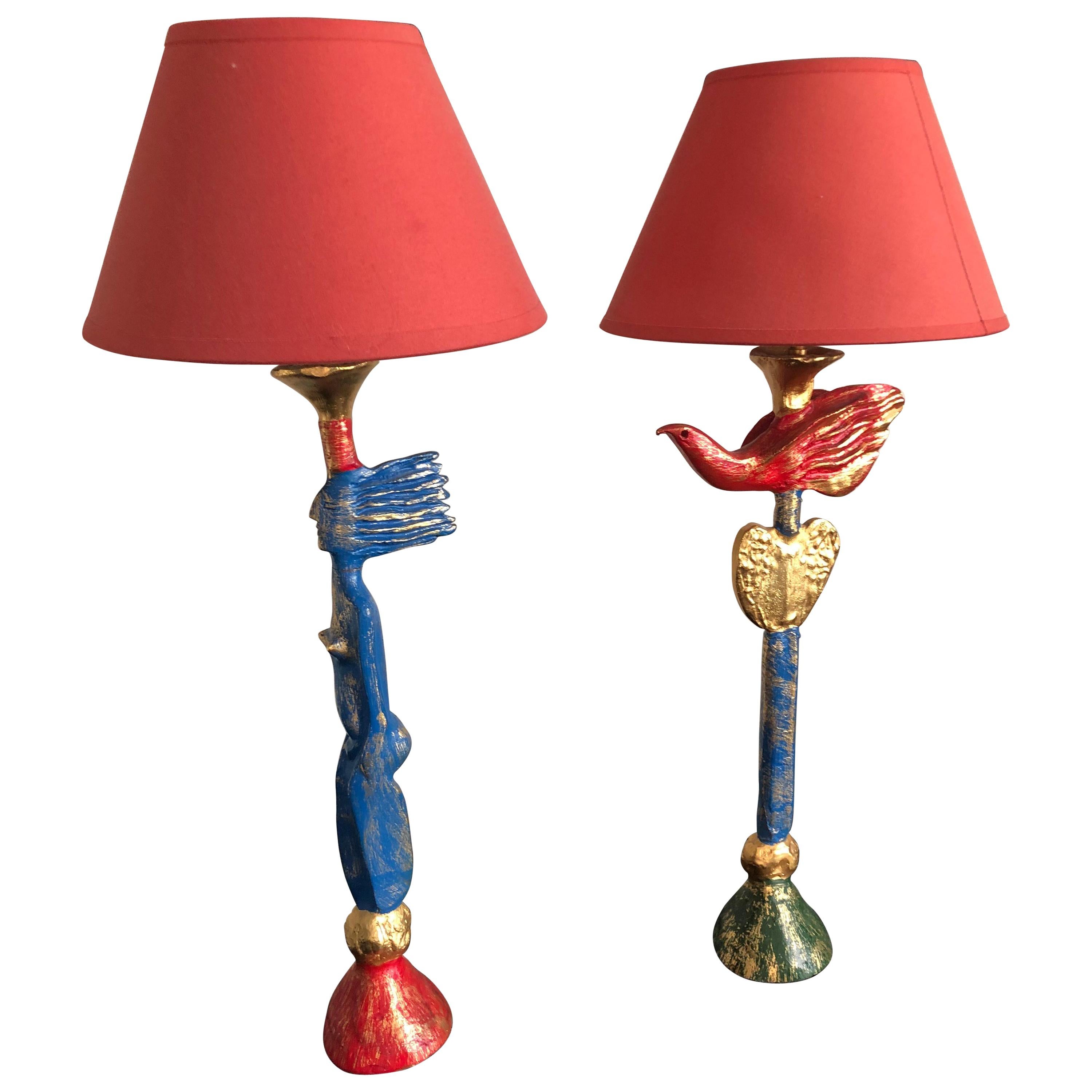 Pair of Polychrome Bronze Table Lamps by Pierre Casenove