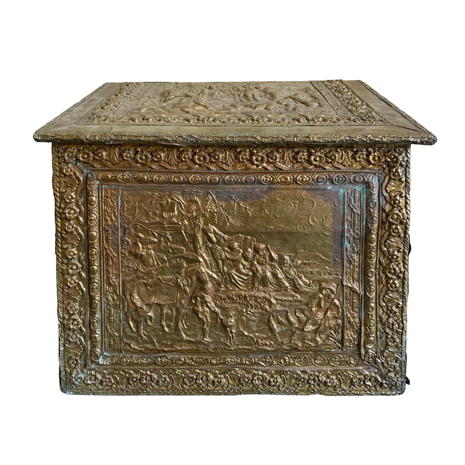 18th-19th Century Wooden Box with Brass Repoussé For Sale