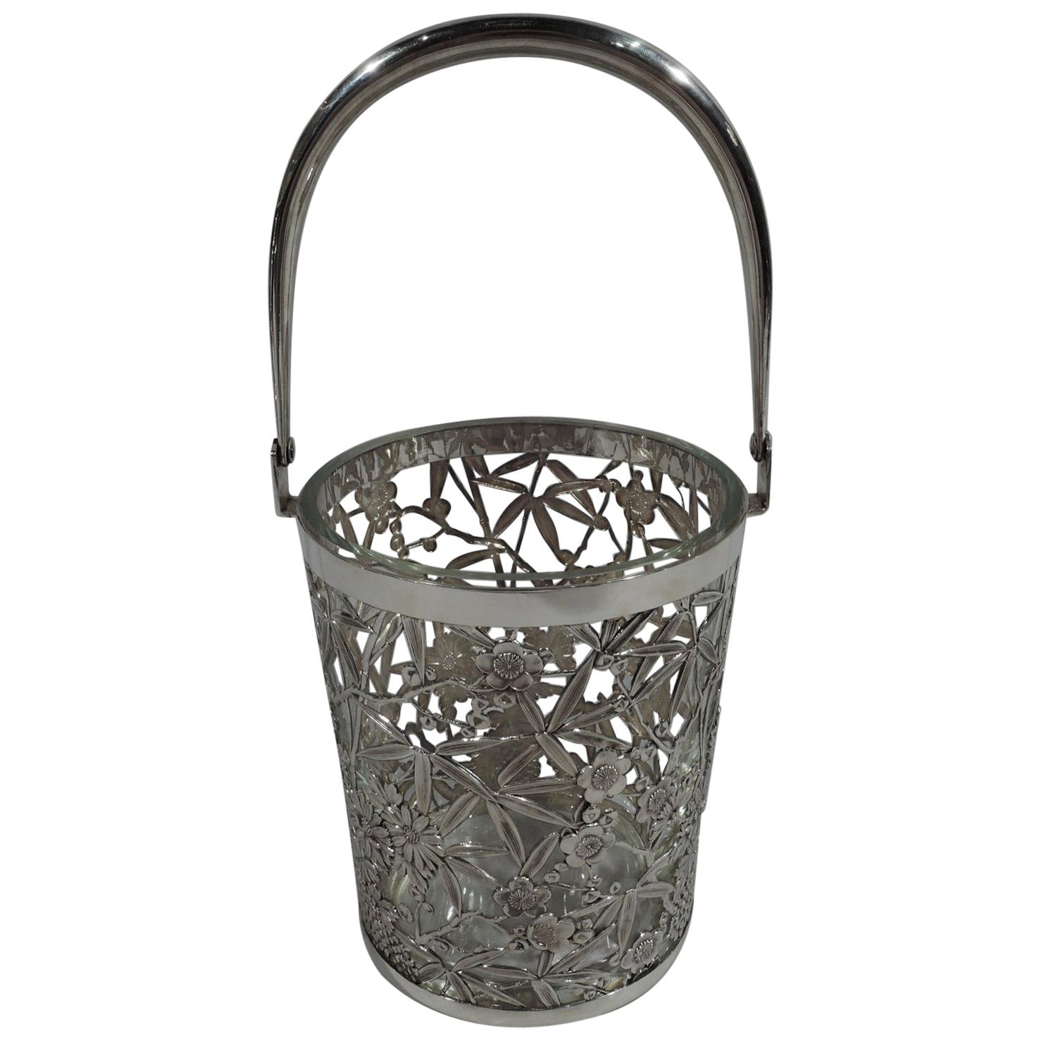 Japanese Silver Ice Bucket with Pretty Flowers