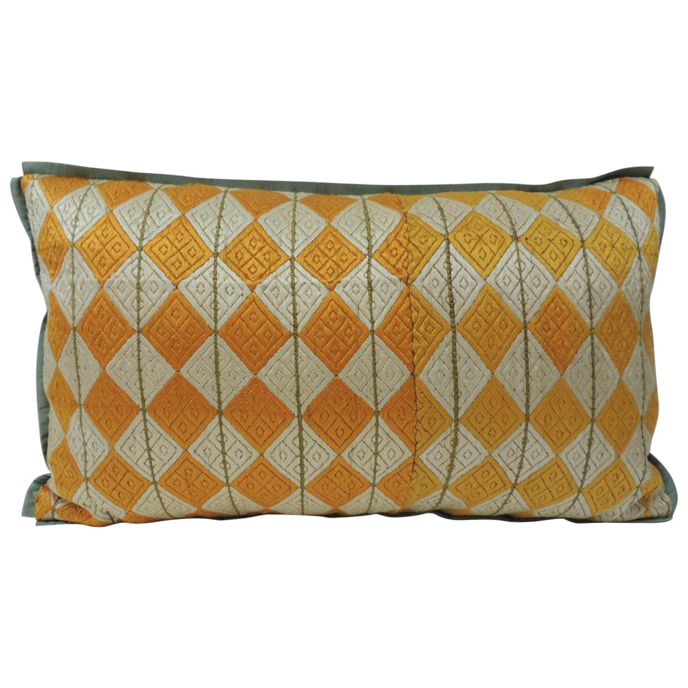 19th Century Yellow and Green “Phulkari” Artisanal Decorative Lumbar Pillow