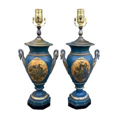 Pair of 19th Century Neoclassical Tole Lamps with Swans