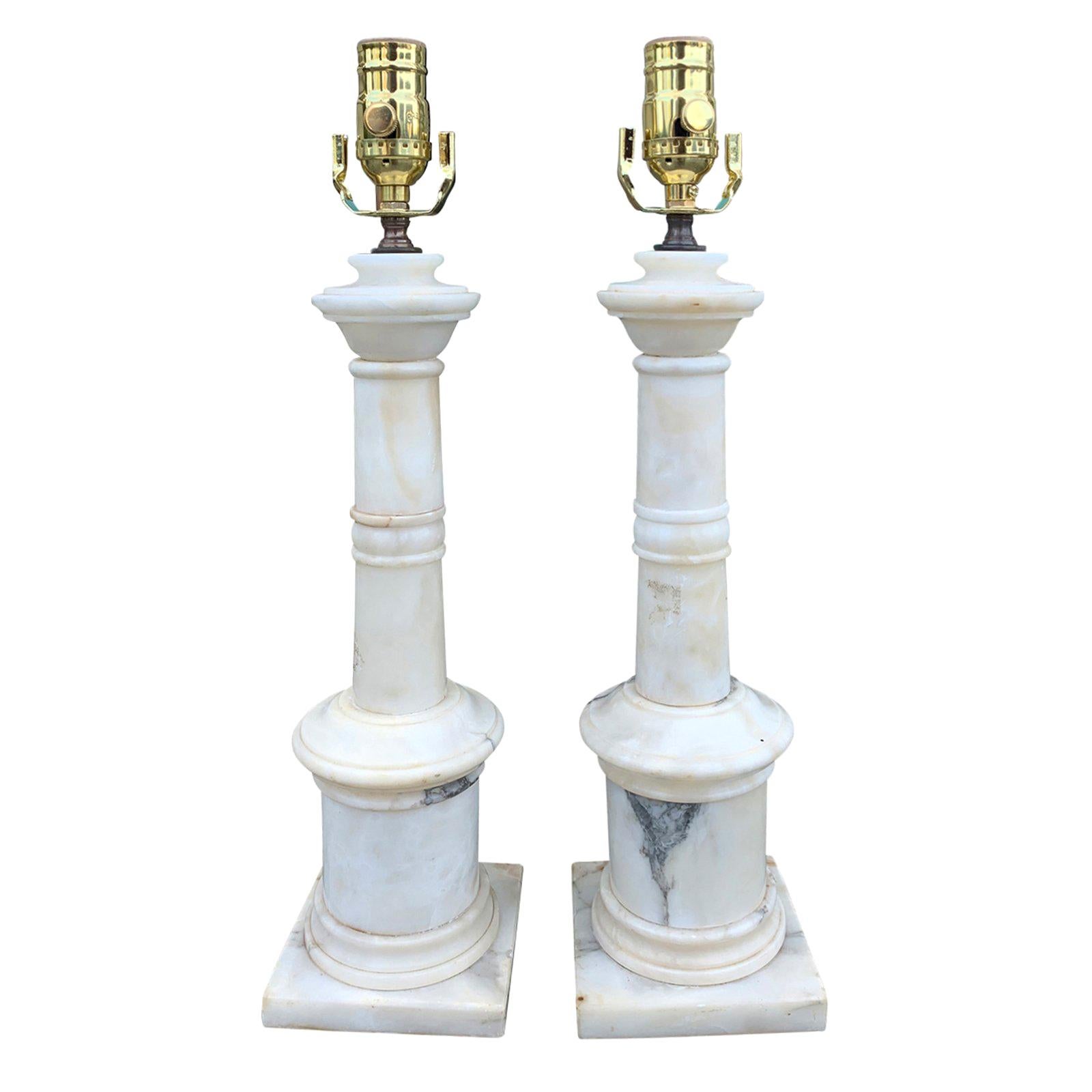 Pair of Italian White Marble Column Table Lamps, circa 1950s