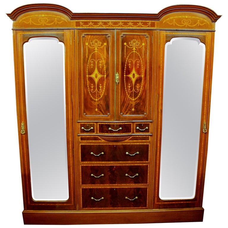 Antique English Marquetry Inlaid Figured Mahogany Compactum