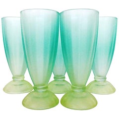 20th Century Frosted Satin Two-Tone Glass Footed Parfait Tumblers S/5