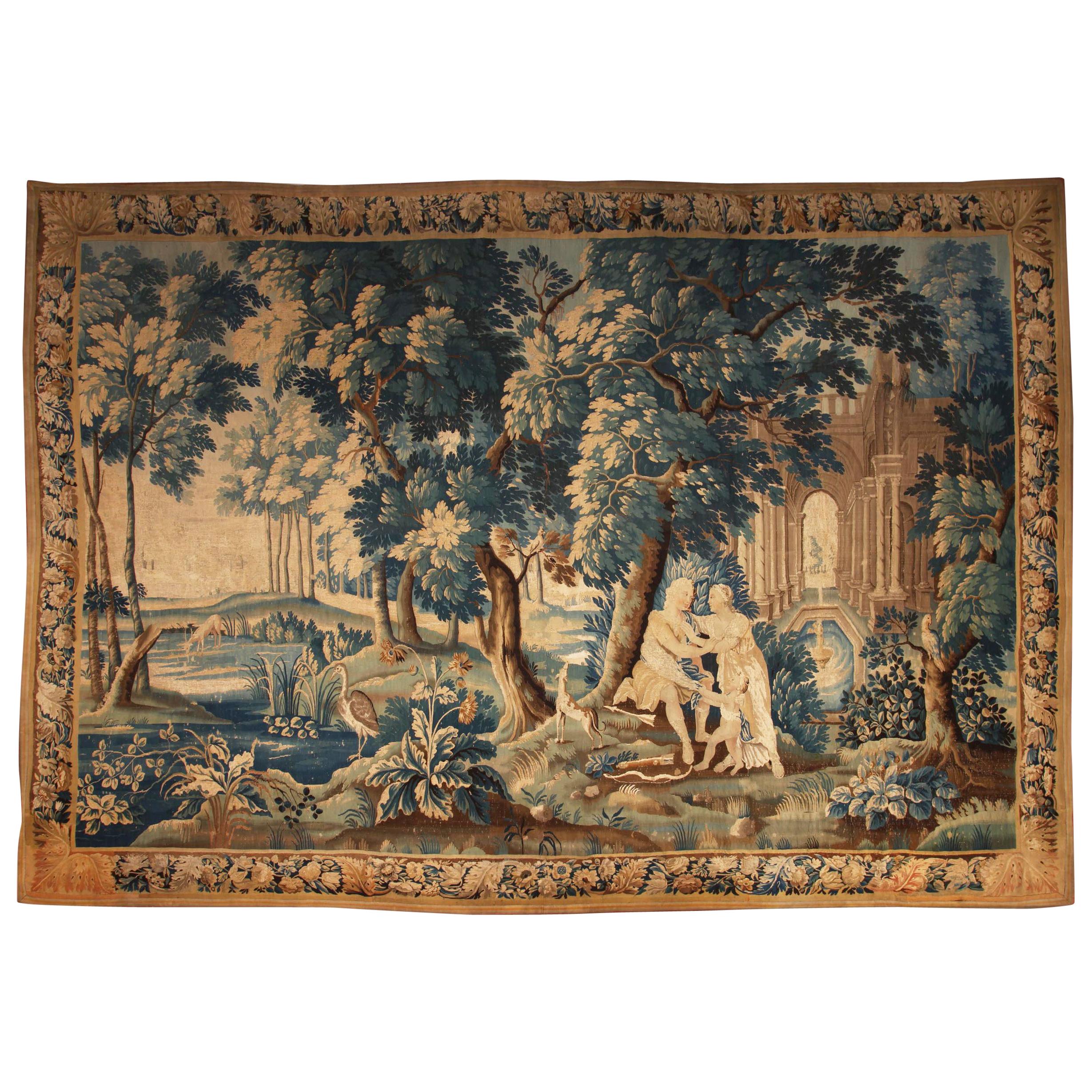 Louis XIV Style Antique French Aubusson Verdure Tapestry, Venus and Adonis For Sale