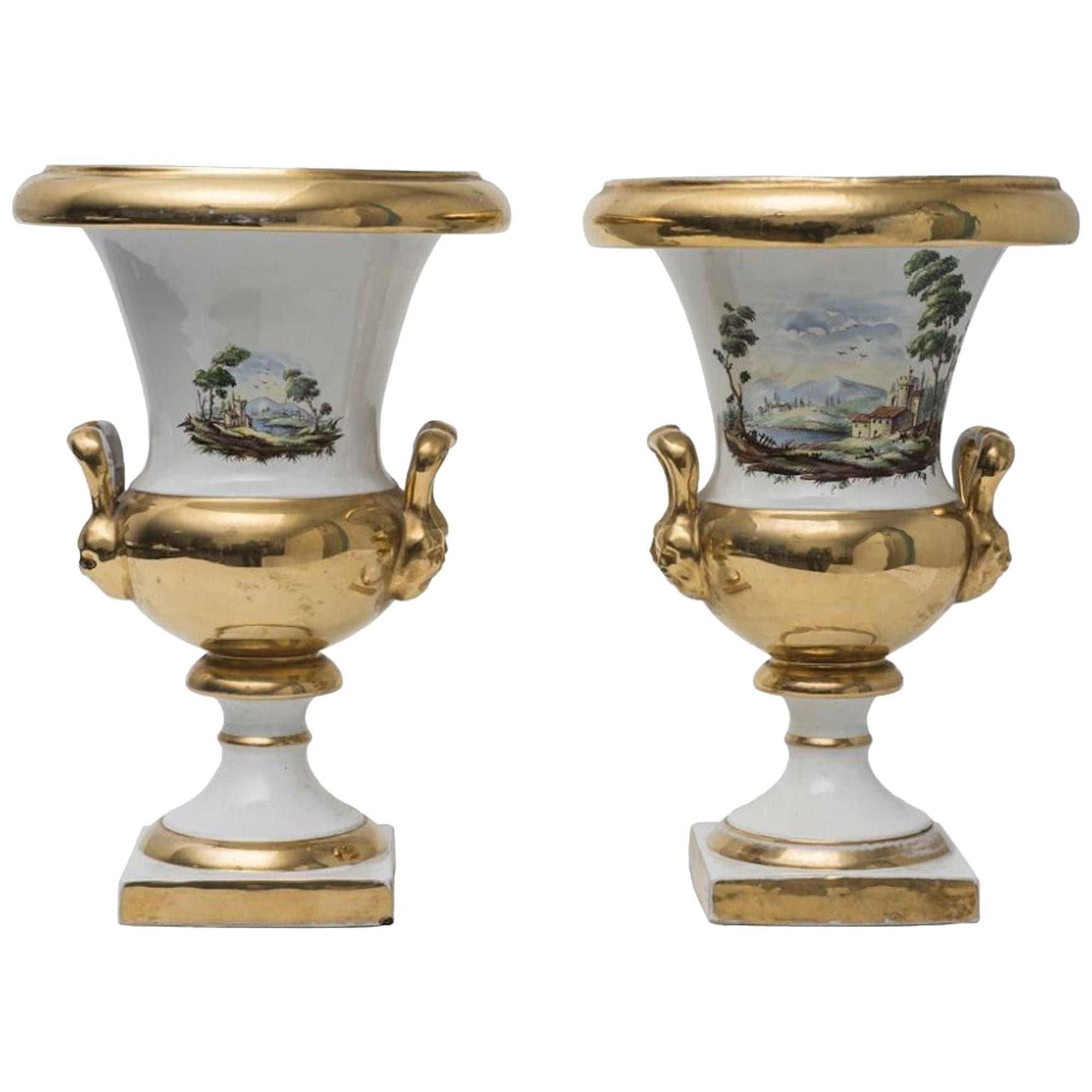 Pair of Porcelain Vases, Medicean Style, Italian Manufacture, 19th Century