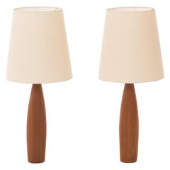 Danish Modern Tall Tapered Teak Table Lamps with Linen Shades