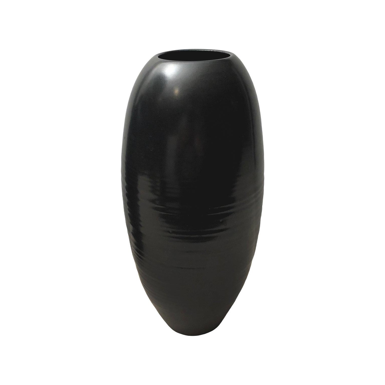 Tall Ceramic Pointed Base Ripple Vase with Black Lustre Glaze by Sandi Fellman For Sale