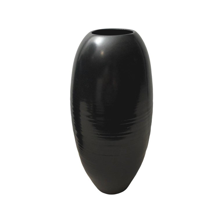 Tall Ceramic Pointed Base Ripple Vase with Black Lustre Glaze by Sandi